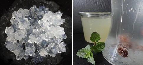links: Kefirkristalle, rechts: Wasserkefir-Ansatz und fertiges Wasserkefir-Getr&auml;nk