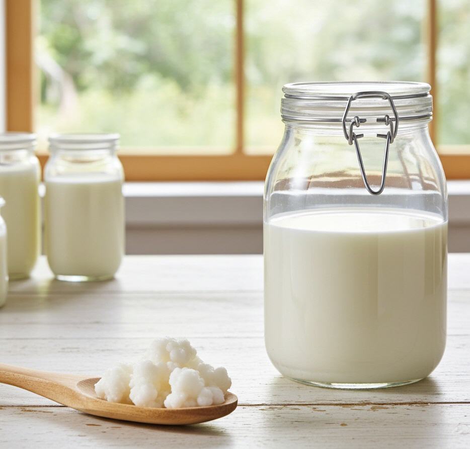 Kefirknollen auf einem Holzl&ouml;ffel und dahinter Glasgef&auml;&szlig;e mit Kefir | Sinnbildlich f&uuml;r die Kefir-Ans&auml;tze nach dem Auftauen