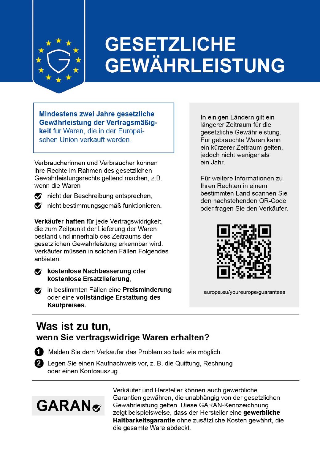 EU-Label zur Information &uuml;ber die gesetzliche Gew&auml;hrleistung