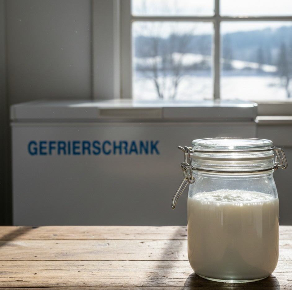 Glas mit Kefir und Kefirknollen und im Hintergrund steht ein Gefrierschrank