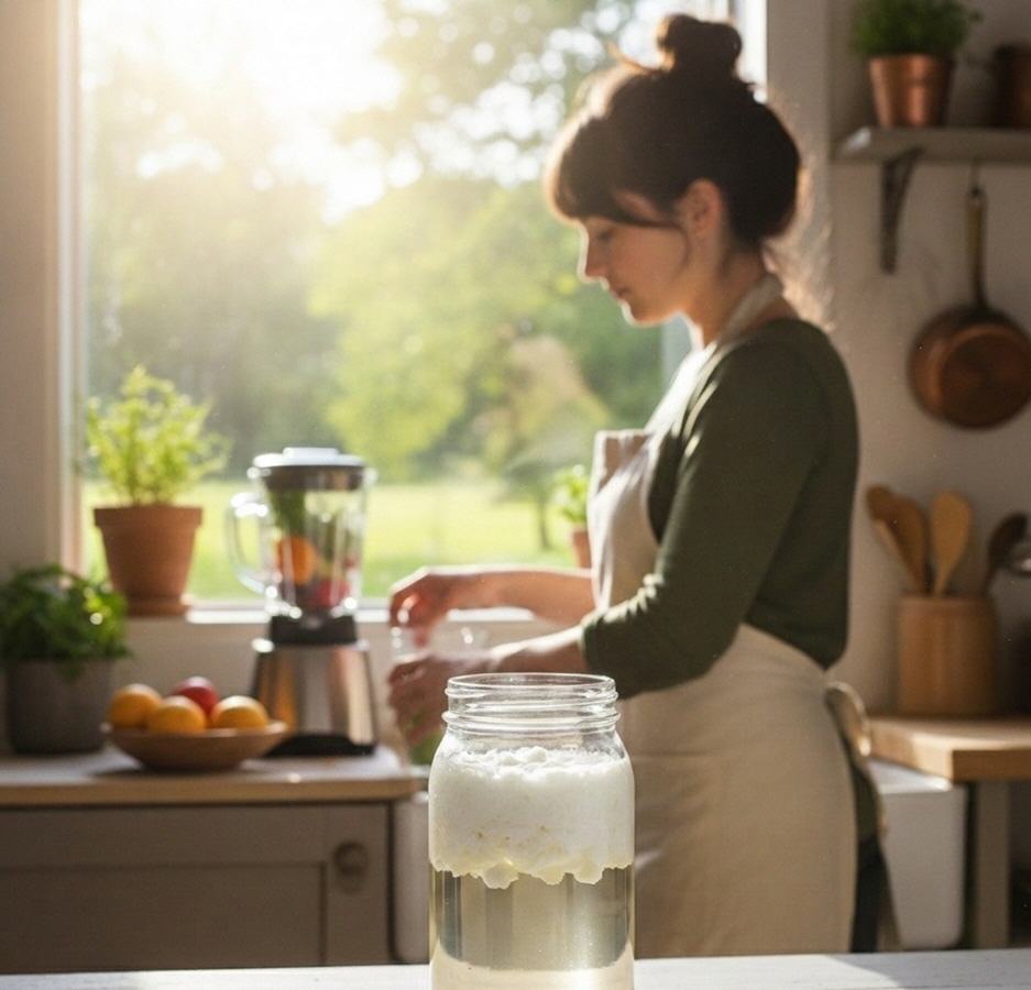 In der K&uuml;che bereitet eine junge Frau leckeres Essen und Trinken zu | Auf dem Tisch steht zur Verwendung Kefir-Molke und Kefir-Bruch usw.