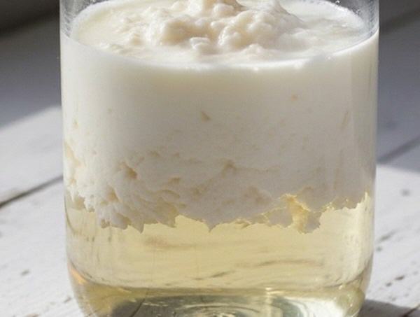 Der Kefir-Ansatz hat sich in Kefir-Molke und Kefir-Bruch getrennt.