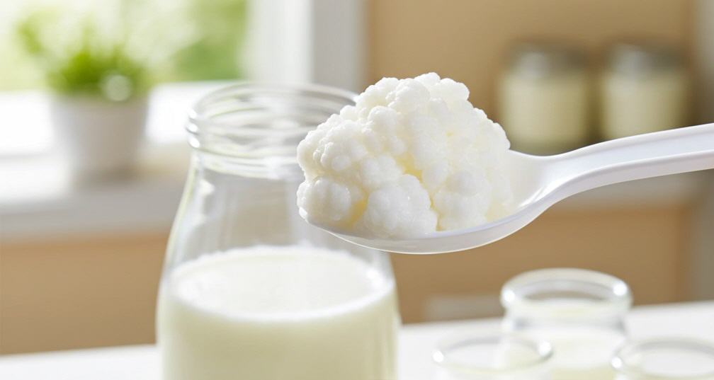 Eine Kefirknolle wird f&uuml;r die Zubereitung von Kefir in Milch gegeben.