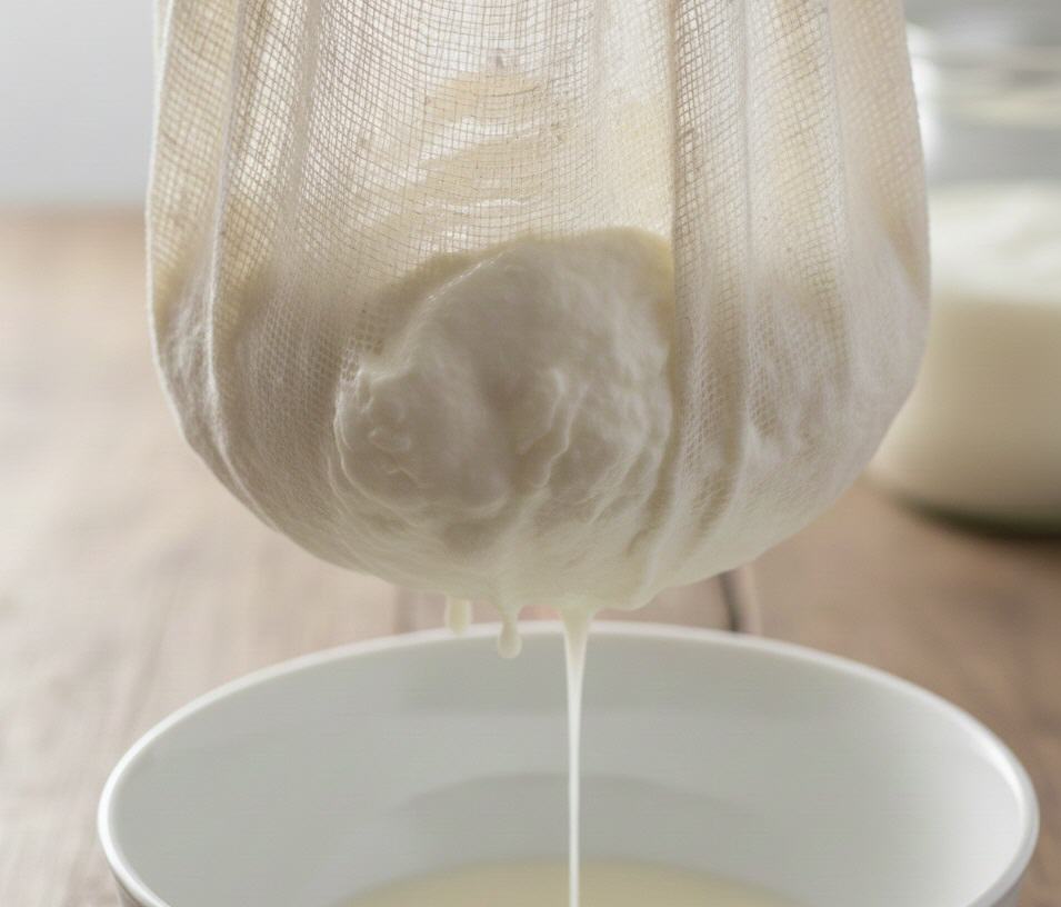 Selbstgemachter Kefir wird durch ein Passiertuch gegossen. Man erkennt, wie sogenannte Kefir-Molke abtropft und in einer Sch&uuml;ssel aufgefangen wird.