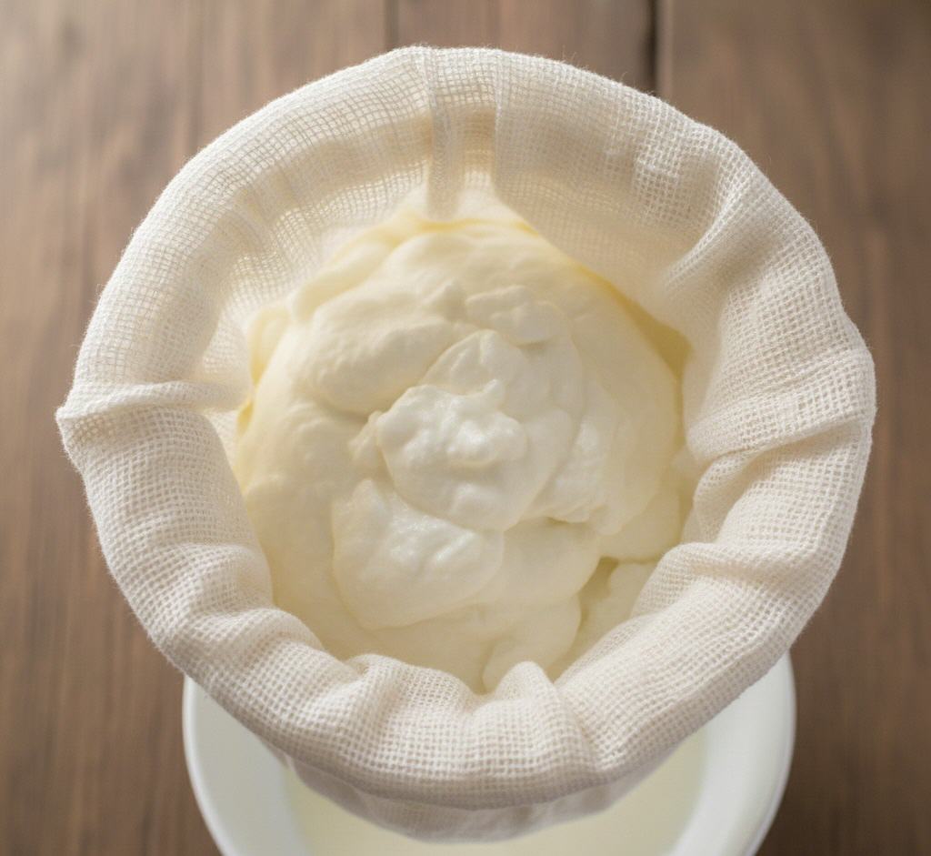 Frischk&auml;se-&auml;hnlicher Kefir: Blick von oben ins Passiertuch.