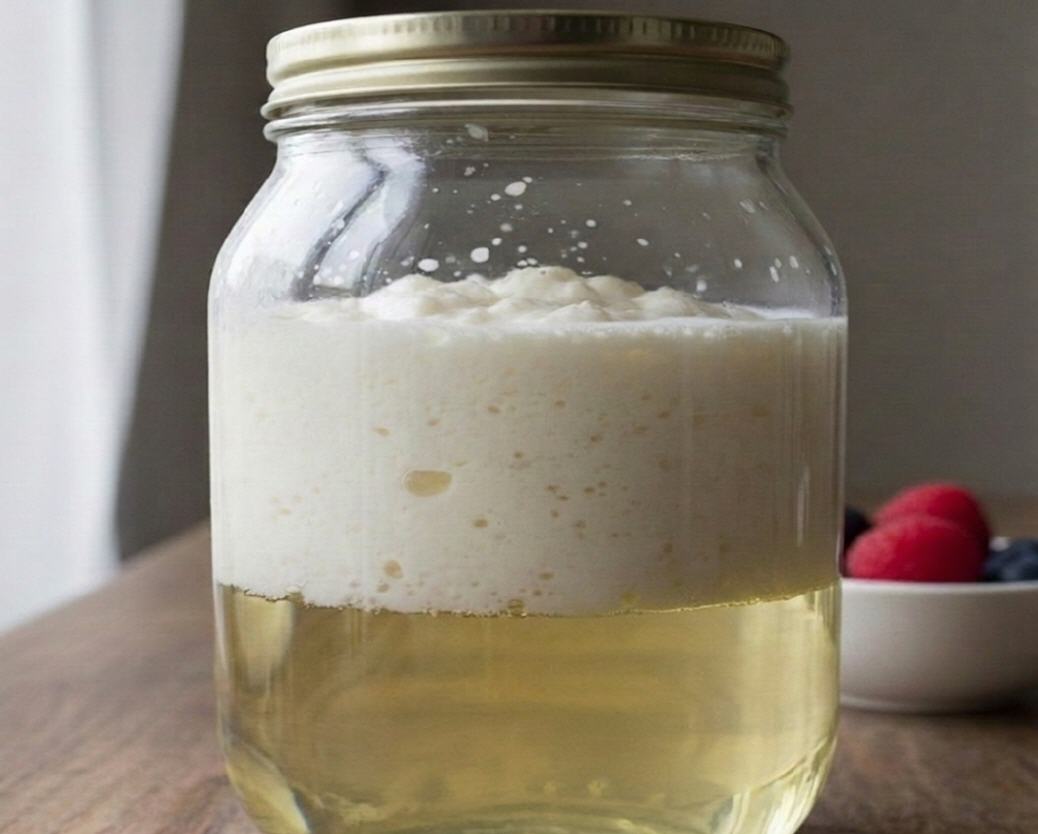 Kefir-Molke (unten) und Kefir-Bruch (oben) im G&auml;rglas