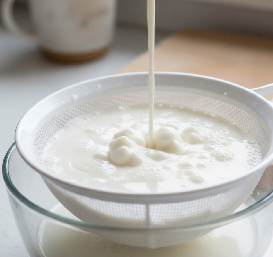 Kefir und Kefirknollen werden &uuml;ber einem Sieb abgegossen (Anmerkung: Nach dem Absp&uuml;len von Kefirknollen kann man wie gewohnt frischen Kefir herstellen.)