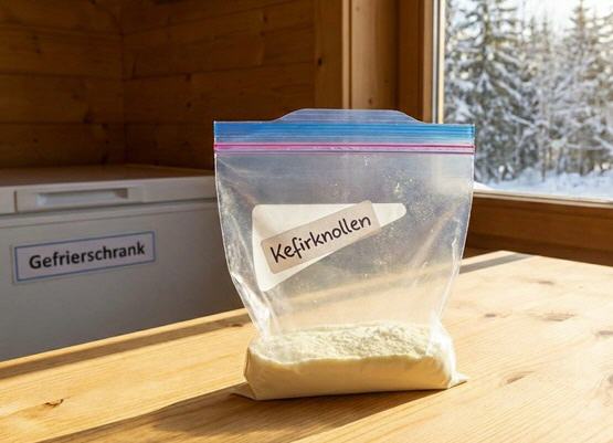 Kefirknollen vor dem Einfrieren | Gefrierbeutel mit Kefirknollen und Milchpulver - und im Hintergrund steht ein Gefrierschrank.