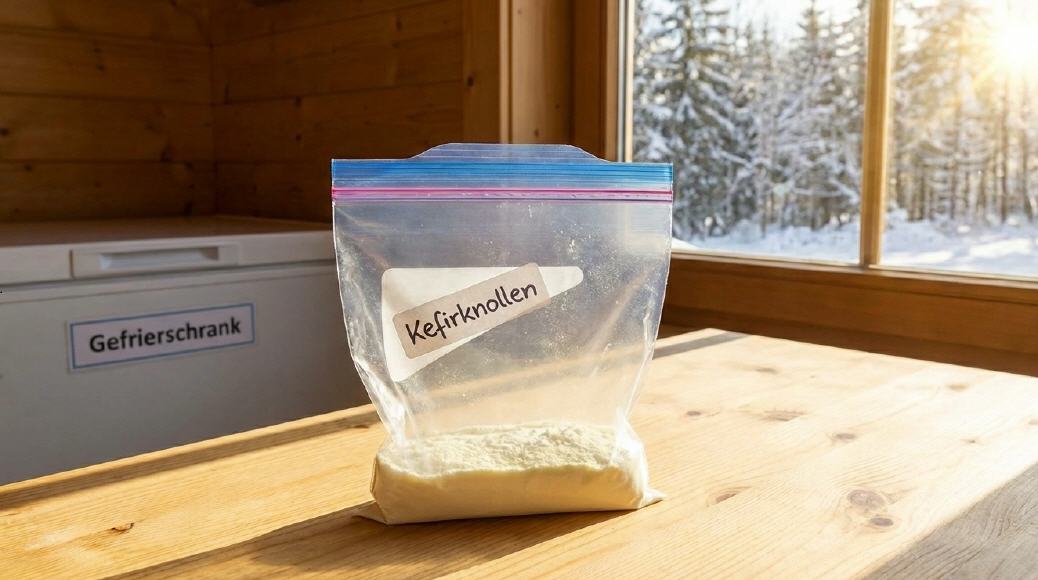 Mit Milchpulver bedeckte Kefirknollen im Gefrierbeutel - stehen bereit zum Einfrieren im Gefrierschrank.