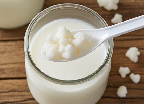 Geteilte Kefirpilze auf einem L&ouml;ffel, darunter steht ein Glas mit frischer Bio-Milch | Anmerkung: Gr&ouml;&szlig;ere Kefirknollen lassen sich problemlos teilen bzw. trennen.