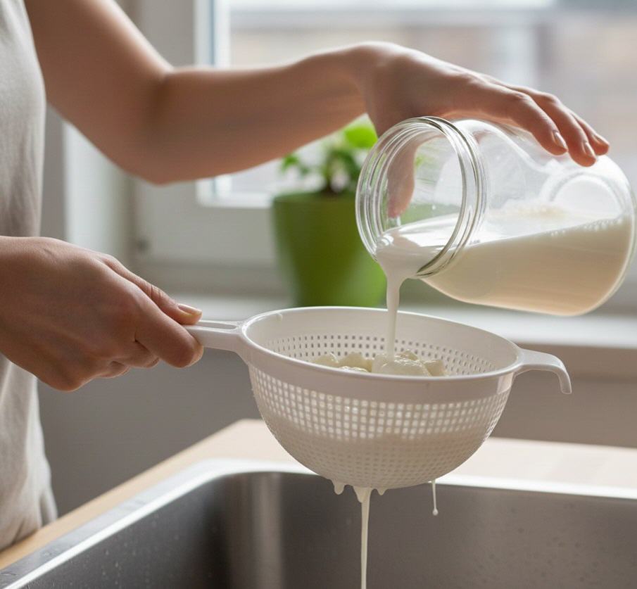 Kefir-Ansatz wird durch ein Sieb, &uuml;ber der Sp&uuml;le abgegossen. | Anmerkung: Beim Aufwecken von Kefirknollen m&uuml;ssen die ersten Kefir-Ans&auml;tze weggesch&uuml;ttet werden.