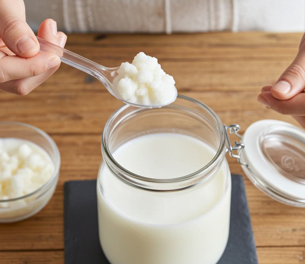 Kefirpilz wird zum Einfrieren aus der Milch genommen.