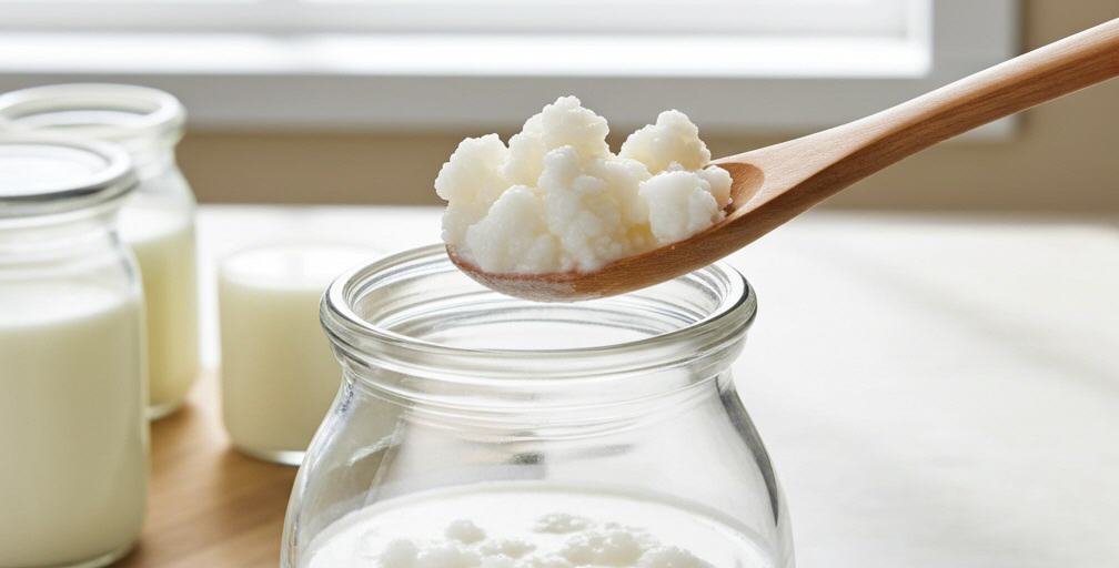 Kefirpilze werden nach dem Reinigen wieder in neue Milch gegeben.