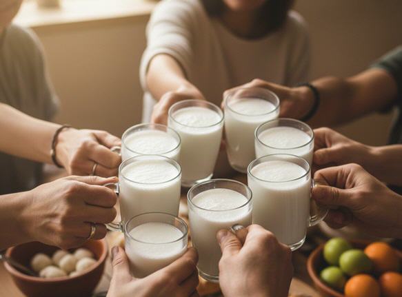 Mehrere Personen prosten sich mit selbst gemachtem Kefir zu. Ans&auml;tze f&uuml;r Kefir lassen sich teilen - wenn man gro&szlig;e Kefirknollen in kleine Kefirkn&ouml;llchen (Kefirpilze) trennt.