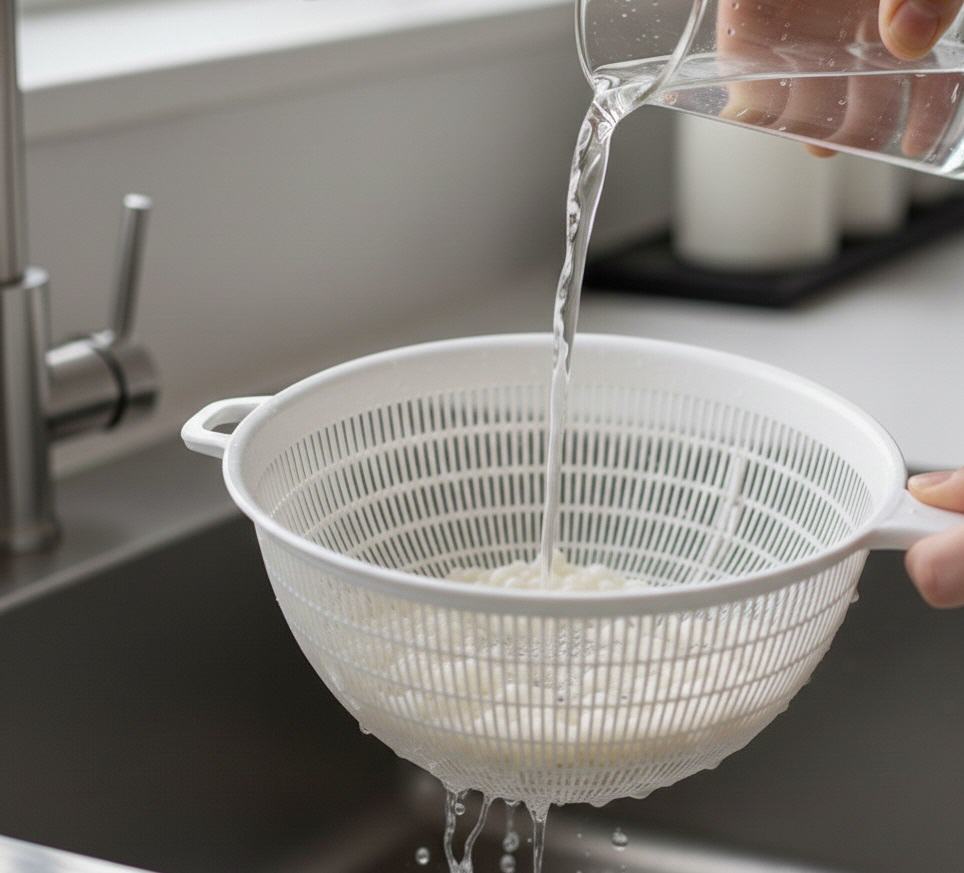 Kefirpilze in einem Kunststoffsieb werden mit sauberen Trinkwasser abgesp&uuml;lt und zum Abtrocknen vorbereitet.