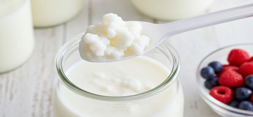 Kefirknollen werden in Milch gegeben | Anmerkung: Nach einer Langzeit-Aufbewahrung durch Trocknen, muss man Kefirpilze wecken bzw. reaktivieren.