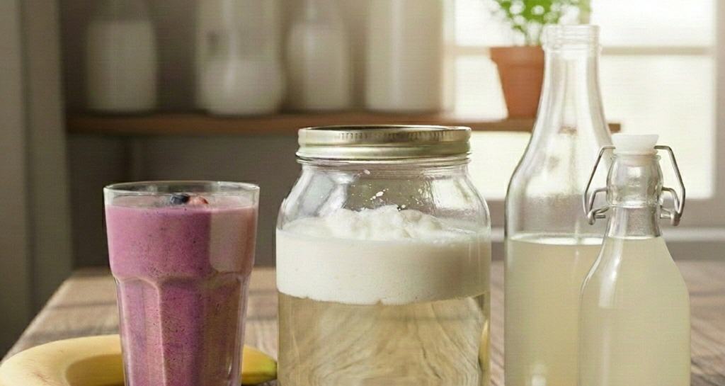 Auf dem Tisch steht ein Kefir-Ansatz bei dem sich Molke abgesetzt hat, links danaben steht zum Trinken ein Kefir-Molke-Smoothie, rechts steht zum Trinken eine Kefir-Molke-Limonade (F&uuml;r Molke und Kefir gibt es vielf&auml;ltige Verwendungen)