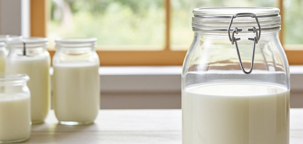 Mehrere Gef&auml;&szlig;e mit frischem Kefir. (Es gibt abwechslungsreiche Rezepte mit Kefir f&uuml;r gutes Essen und Trinken.)