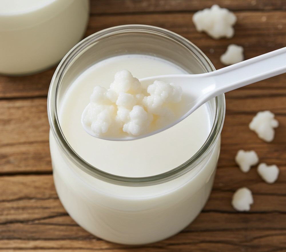 Hier werden Kefirknollen in ein Gef&auml;&szlig; mit Bio-Milch gegeben. Kefirknollen trennen sich h&auml;ufig von selbst, wenn sie sich in Milch vermehren.